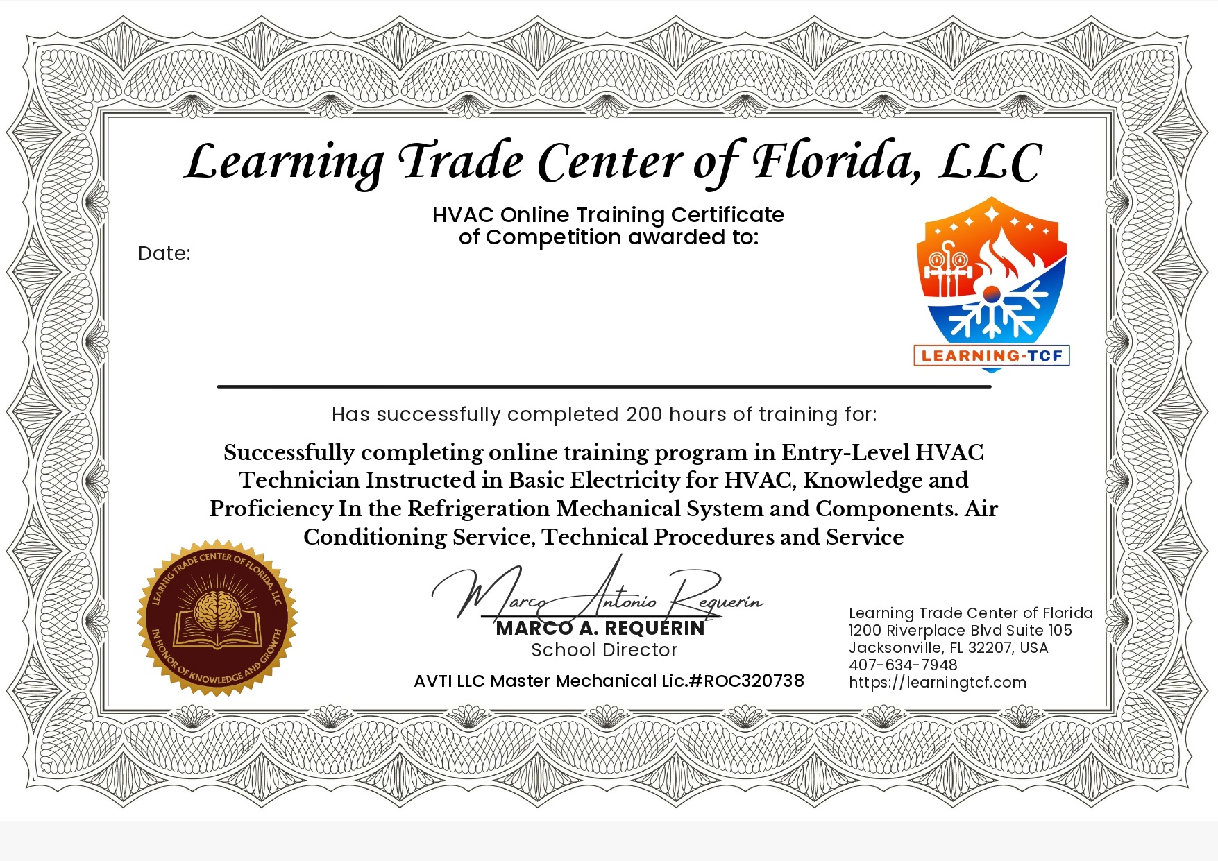 Certificado de finalización de Learning Trade Center of Florida