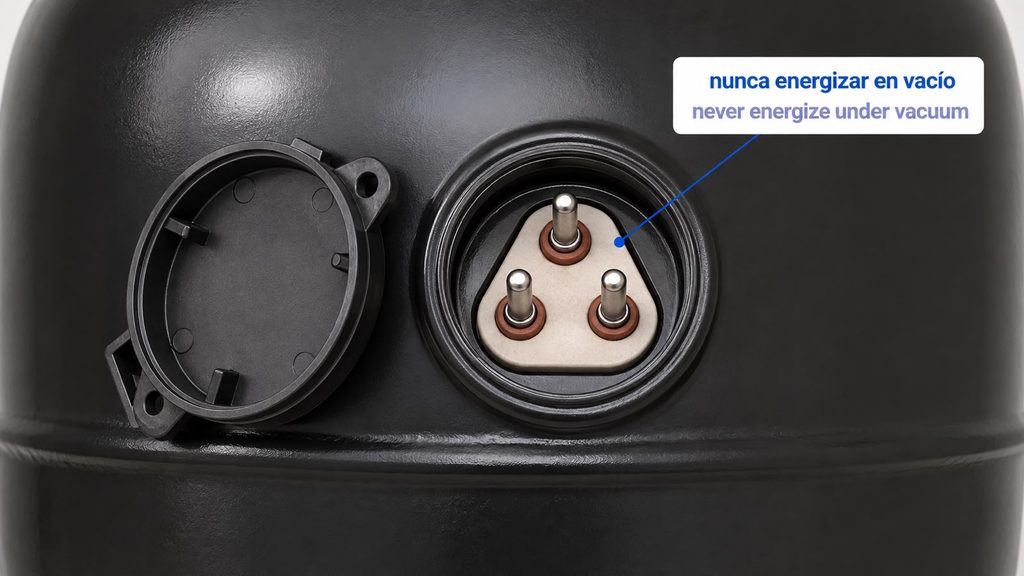 Caja de bornes de un compresor hermético abierta, con los bornes del motor a la vista.