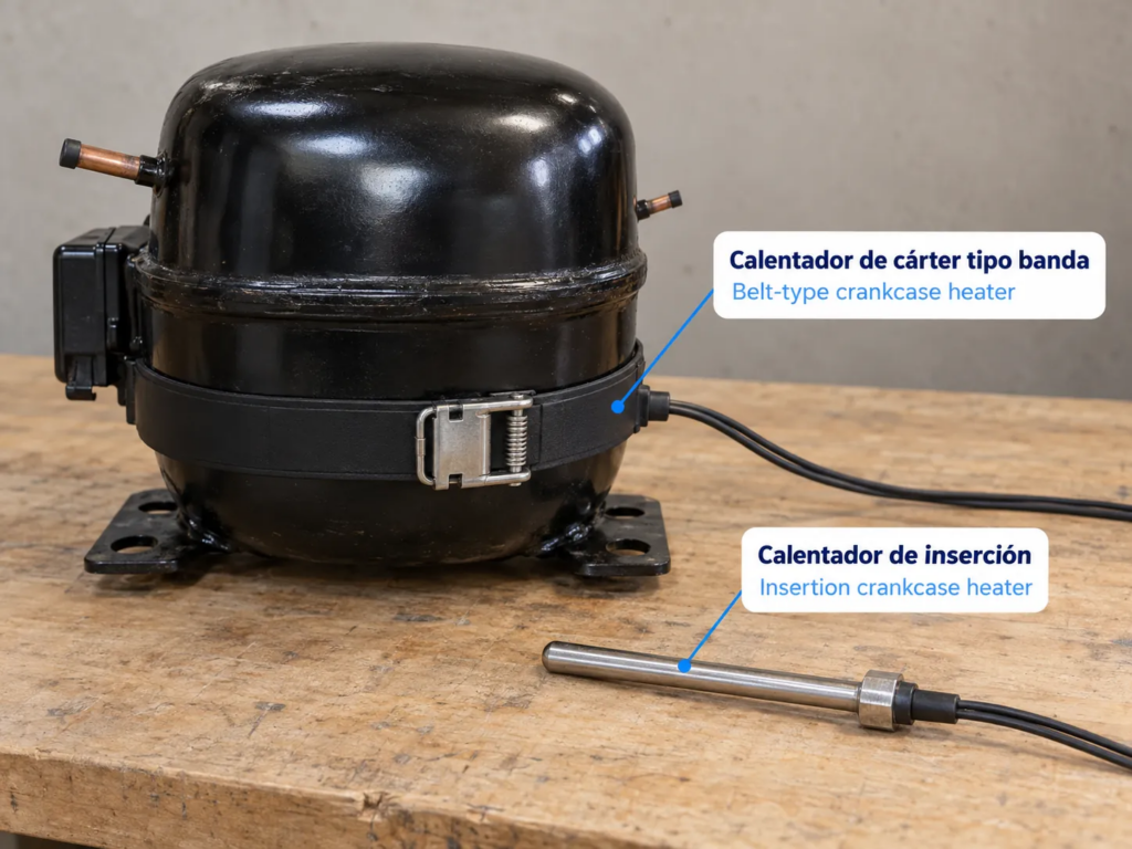 Calentador de cárter tipo banda montado alrededor de la base de un compresor hermético, junto a un calentador de inserción.