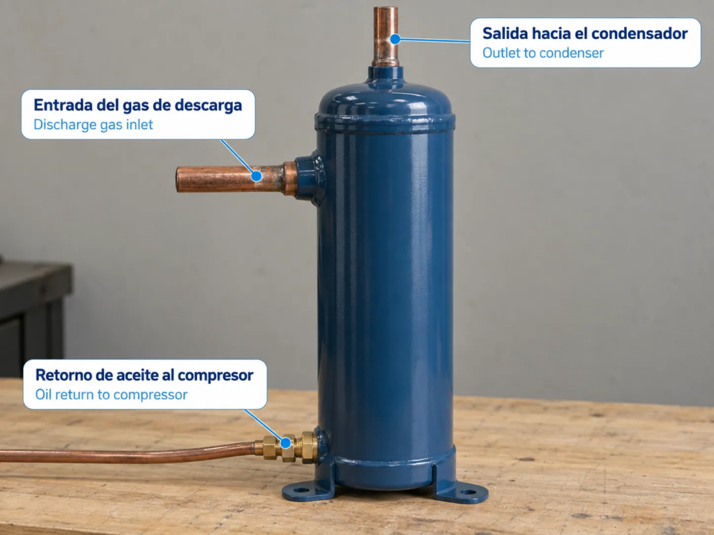 Separador de aceite vertical con la entrada del gas de descarga, la salida hacia el condensador y el retorno de aceite al compresor.