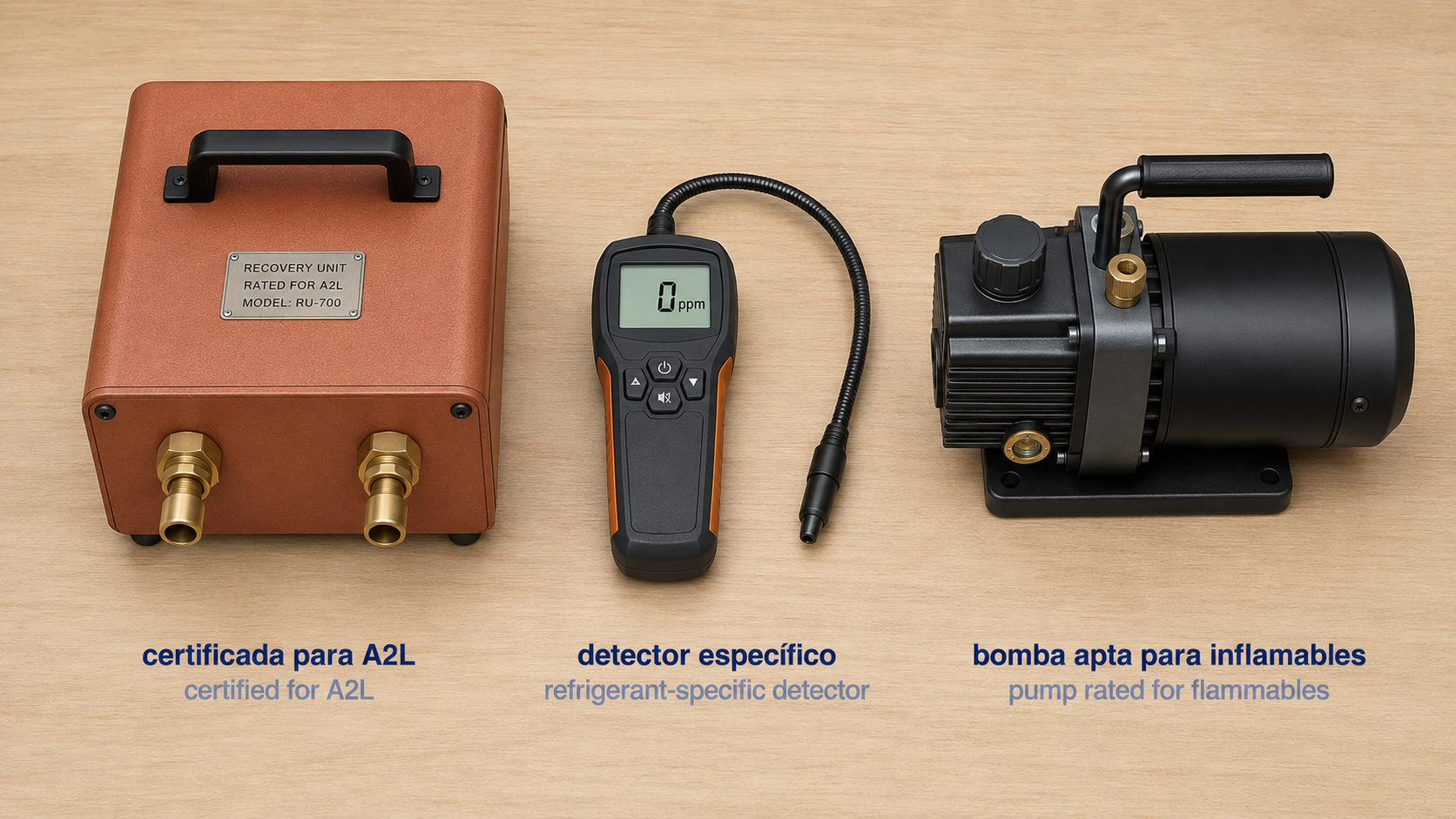 Herramientas para trabajar con A2L: máquina recuperadora certificada, detector de fugas específico y bomba de vacío apta para refrigerantes inflamables