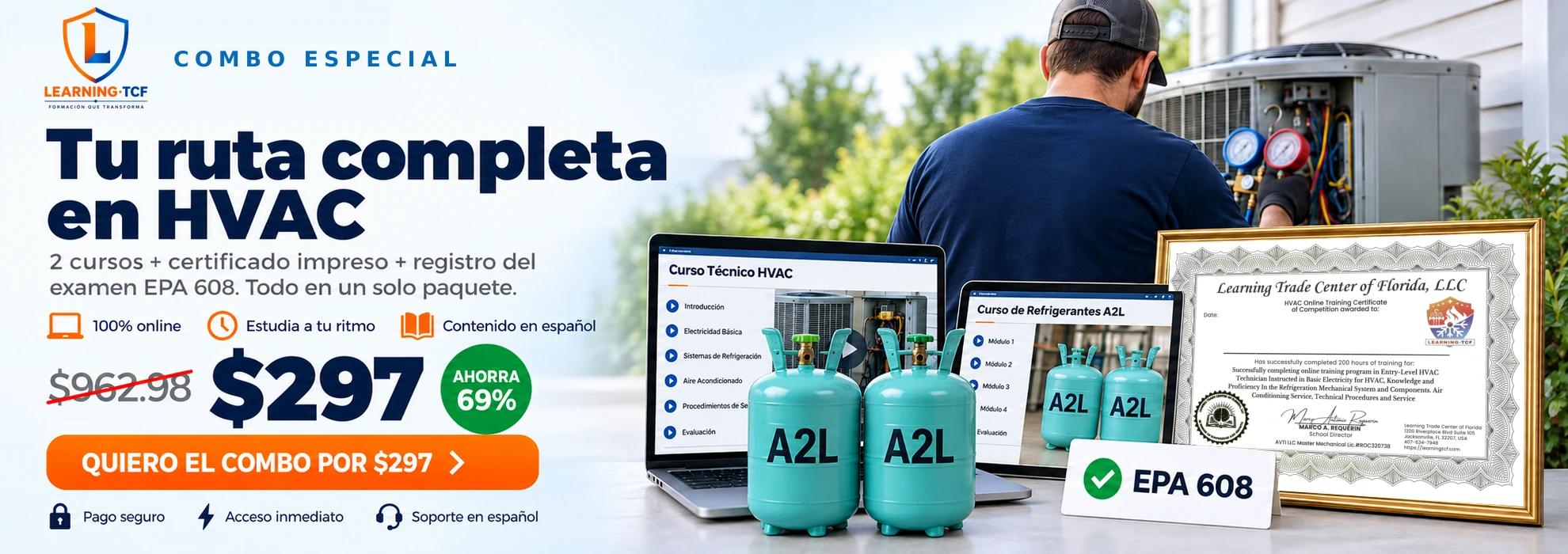 Combo Técnico HVAC de Learning TCF por $297: dos cursos, certificado impreso y registro del examen EPA 608