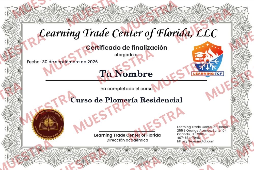 Muestra del certificado de finalización del Curso de Plomería Residencial de Learning Trade Center of Florida