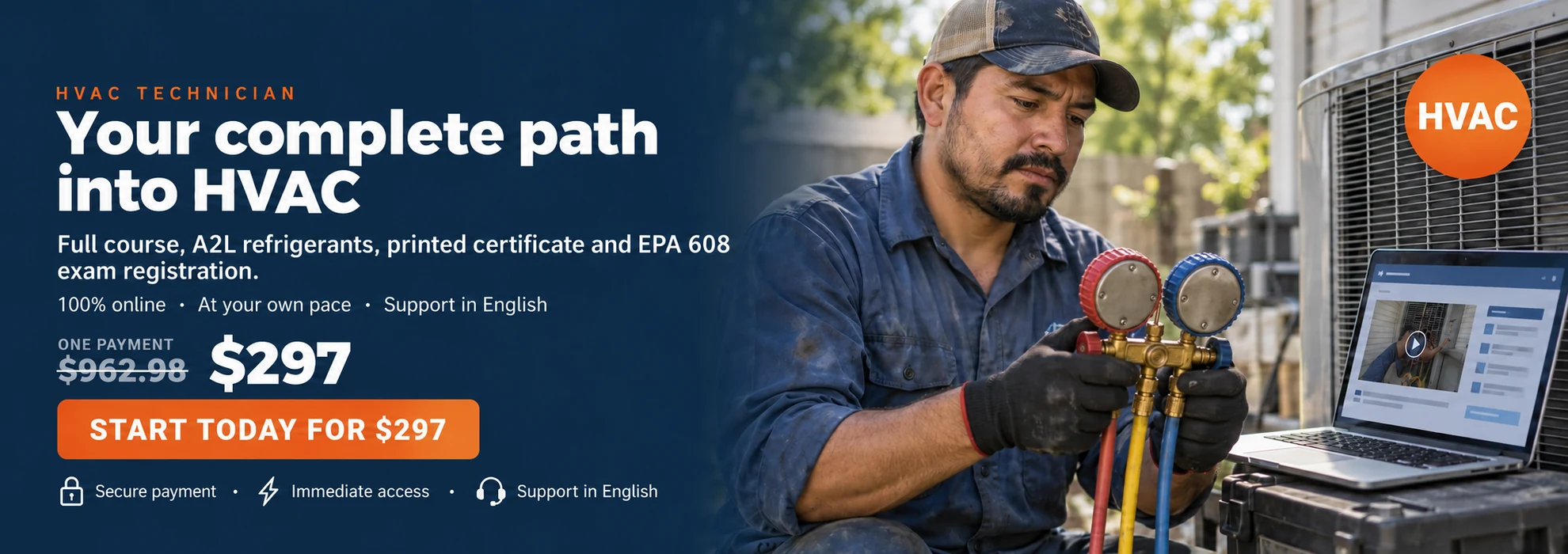 HVAC Technician Combo from Learning TCF for 297 dollars, full course plus A2L refrigerants, printed certificate and EPA 608 exam registration