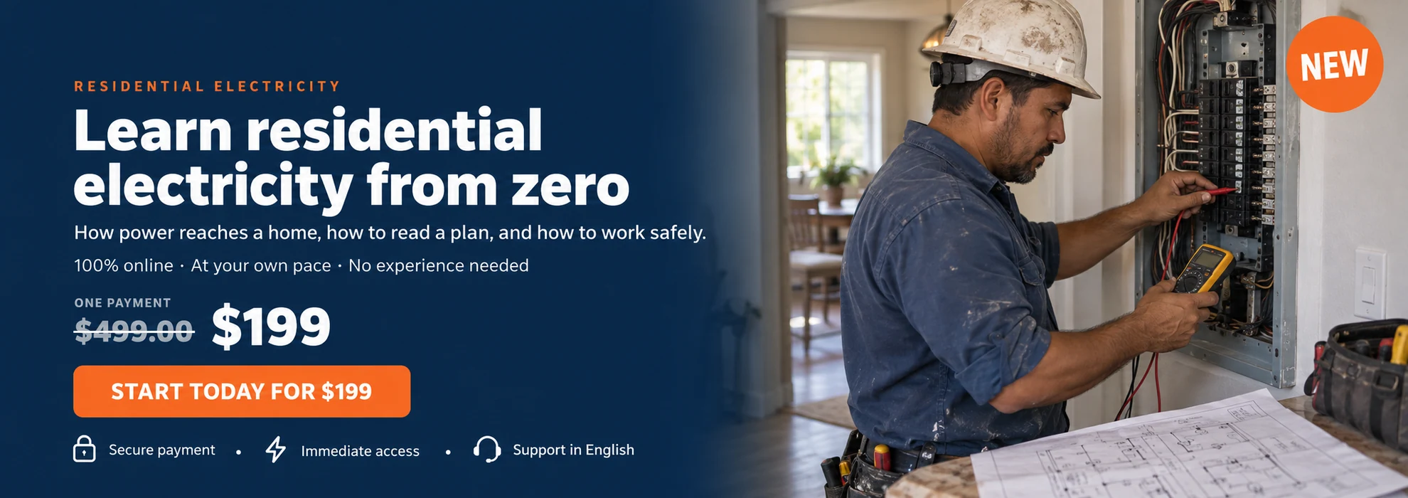 Residential Electricity course from Learning TCF for 199 dollars, learn from zero, 100 percent online