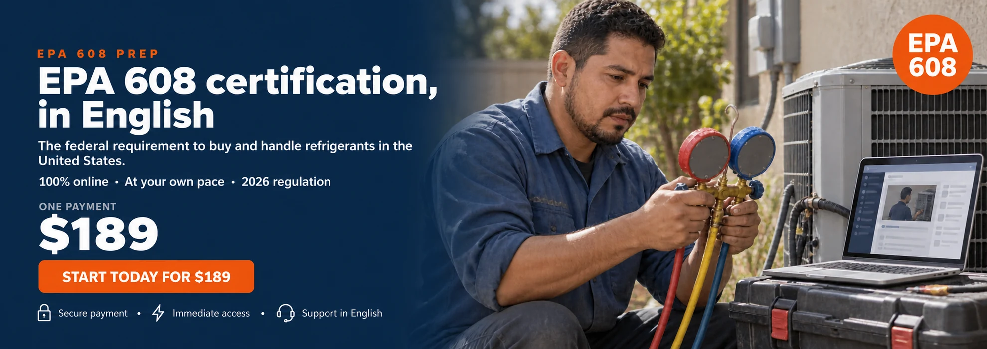 EPA 608 exam preparation in English from Learning TCF for 189 dollars, 100 percent online