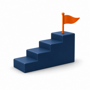 Ilustración de una escalera azul ascendente con una bandera naranja en el escalón más alto, símbolo de independencia económica