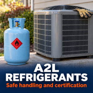 A2L refrigerant cylinder with flammable label next to an outdoor condensing unit