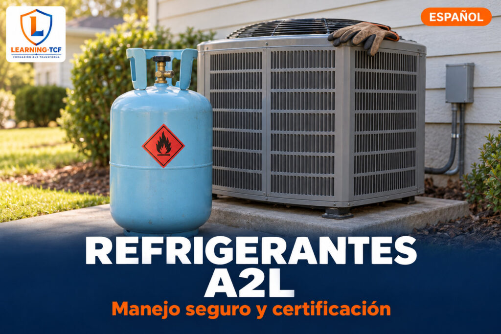 Cilindro de refrigerante A2L con etiqueta de inflamable junto a una unidad condensadora exterior