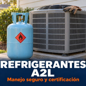 Cilindro de refrigerante A2L con etiqueta de inflamable junto a una unidad condensadora exterior