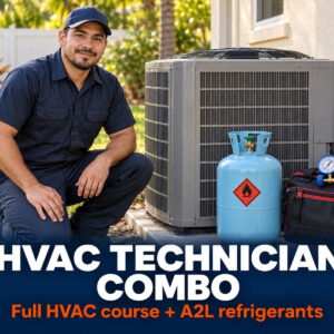 HVAC technician kneeling beside a condensing unit with an A2L refrigerant cylinder, gauges and a tool bag