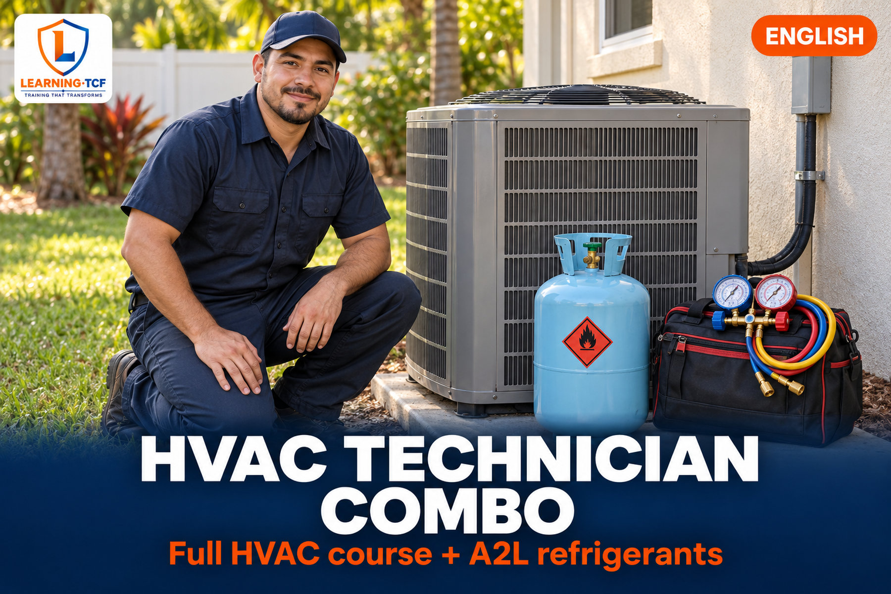 HVAC technician kneeling beside a condensing unit with an A2L refrigerant cylinder, gauges and a tool bag