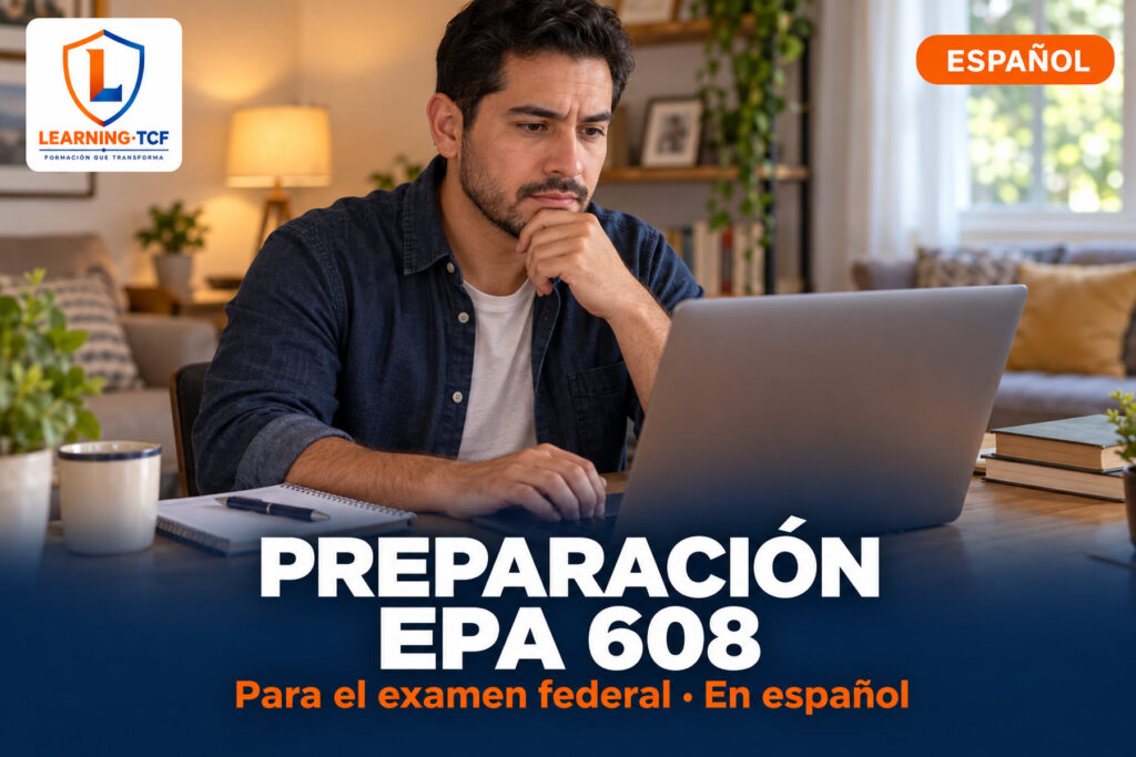 Hombre estudiando en una laptop en la mesa de su casa para el examen federal EPA 608