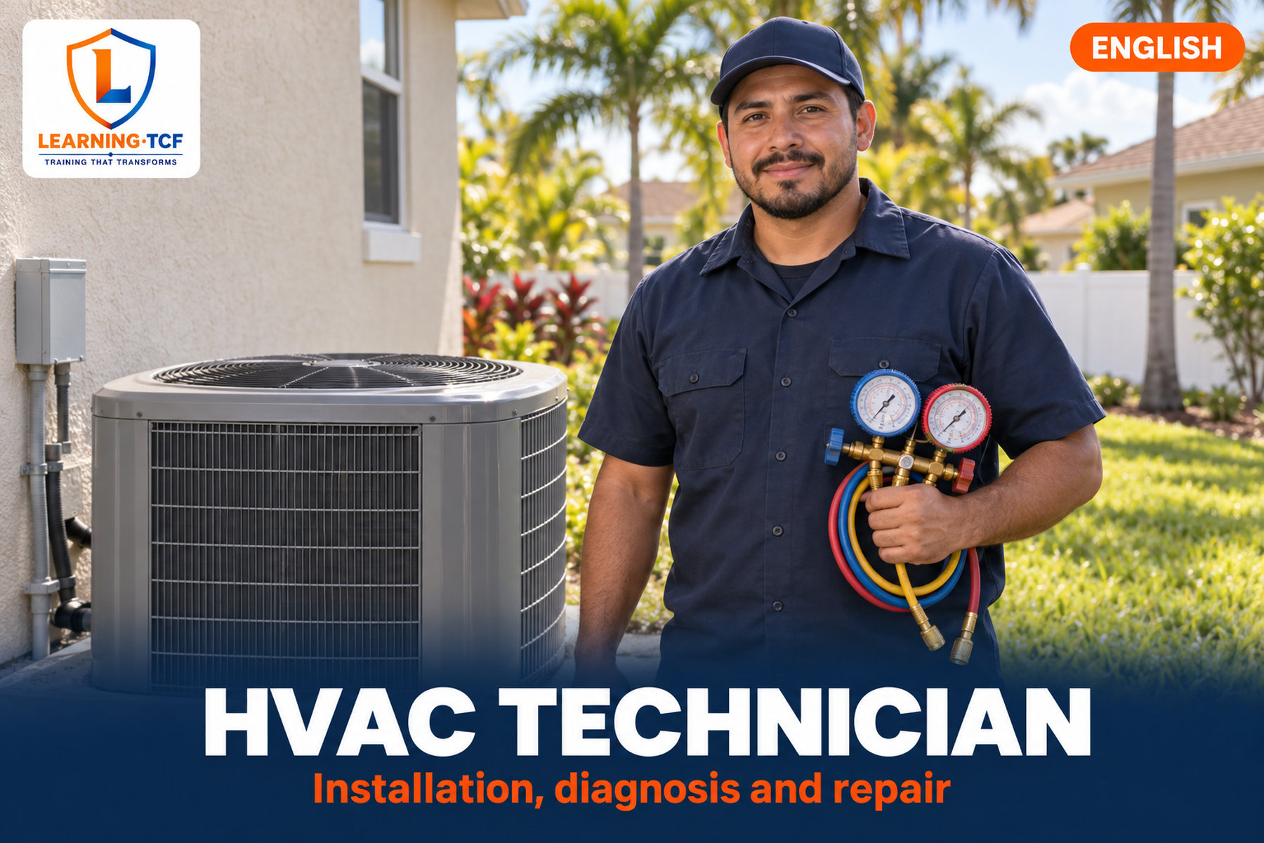 HVAC technician in blue uniform standing beside an outdoor condensing unit, holding refrigeration gauges