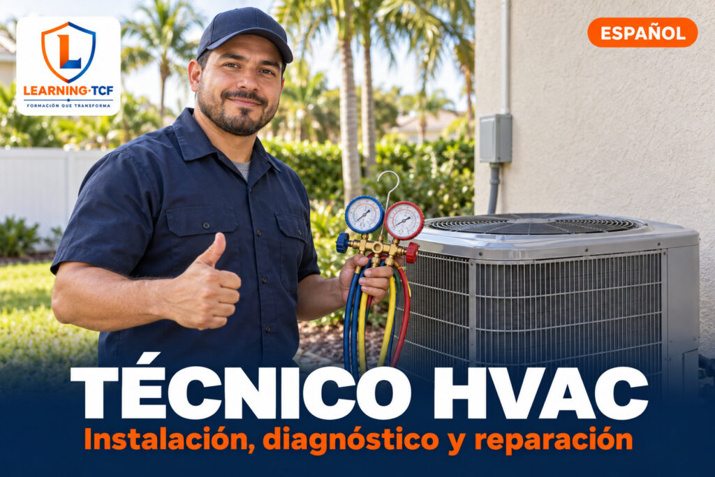 Técnico de HVAC con uniforme azul junto a una unidad condensadora exterior, sosteniendo un juego de manómetros de refrigeración