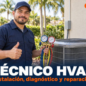 Técnico de HVAC con uniforme azul junto a una unidad condensadora exterior, sosteniendo un juego de manómetros de refrigeración