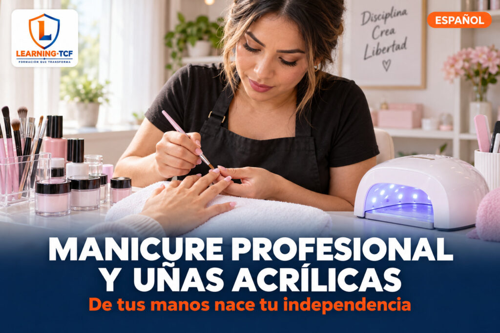 Manicurista aplicando uñas acrílicas a una clienta, con lámpara UV y materiales sobre la mesa