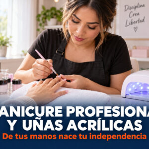 Manicurista aplicando uñas acrílicas a una clienta, con lámpara UV y materiales sobre la mesa