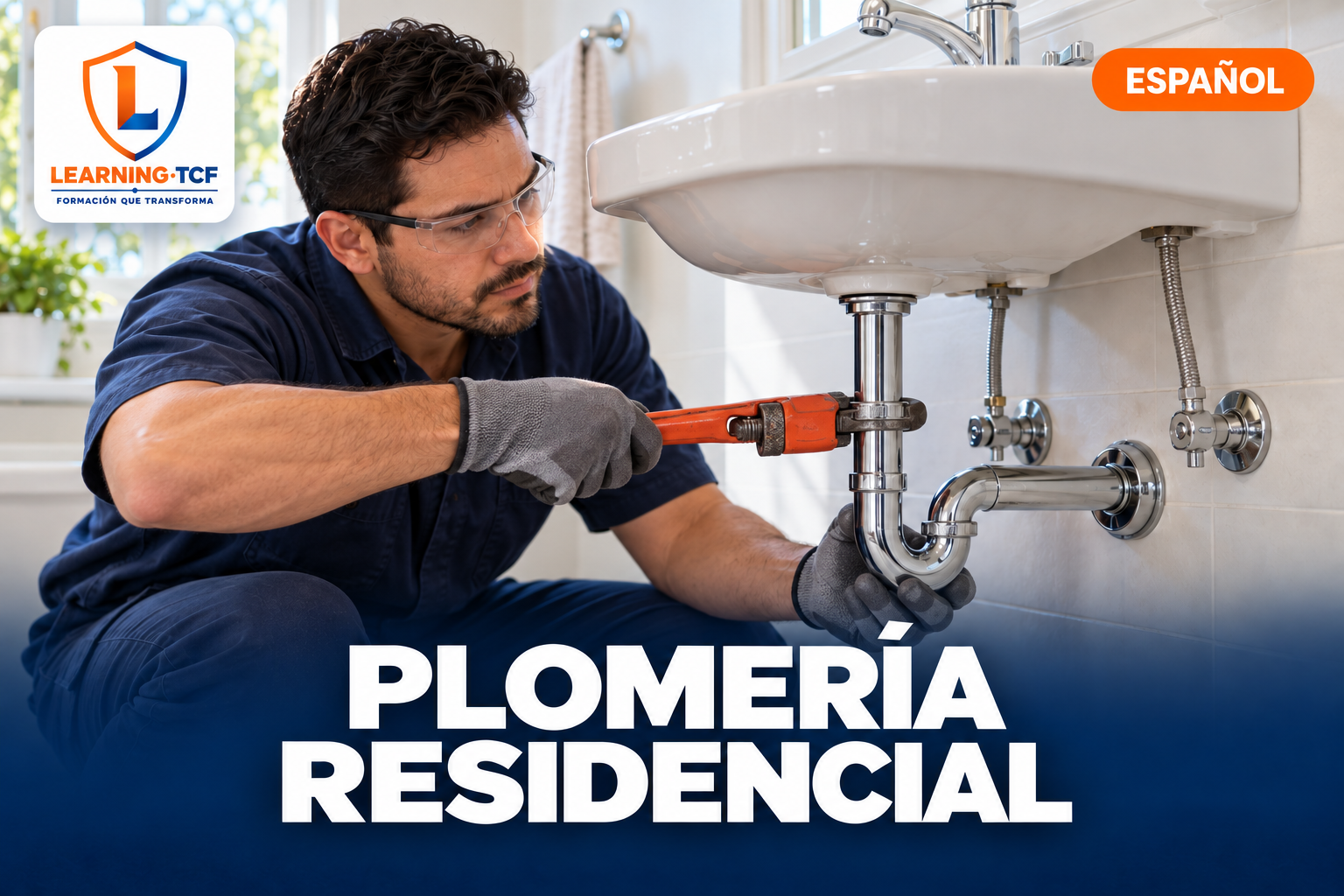 Plomero ajustando el sifón metálico de un lavamanos: Curso de Plomería Residencial de Learning TCF por $149, en español