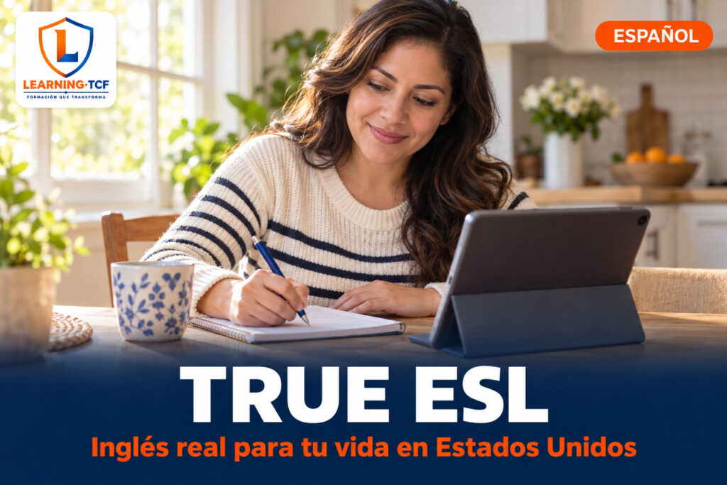 Mujer escribiendo en un cuaderno frente a una tablet mientras estudia inglés en su cocina