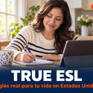 Mujer escribiendo en un cuaderno frente a una tablet mientras estudia inglés en su cocina