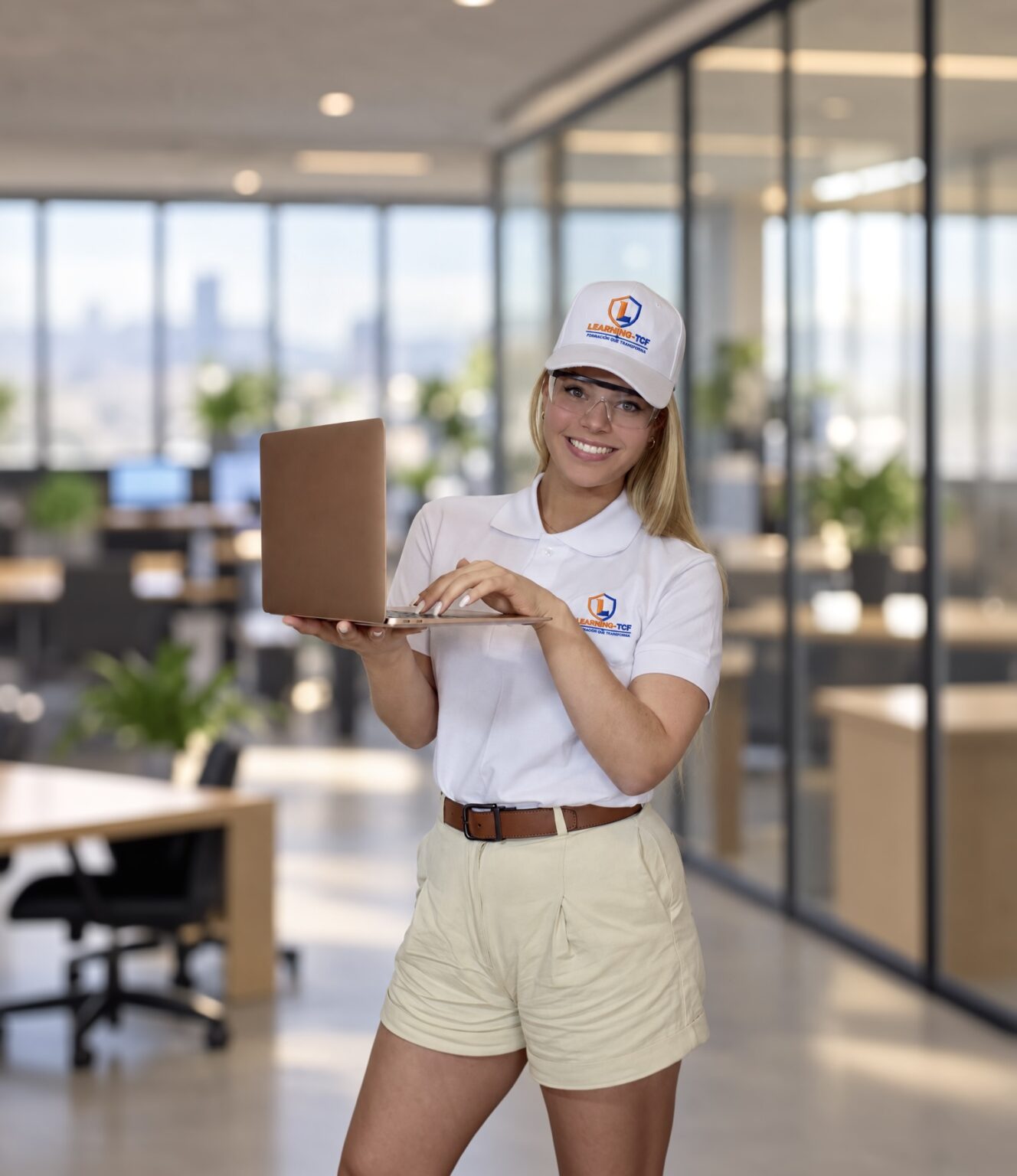Alumna de Learning Trade Center of Florida con gorra y polo de LTCF sosteniendo una laptop
