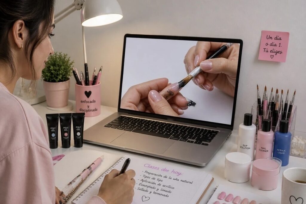Mujer aprendiendo manicure y uñas acrílicas en línea desde casa
