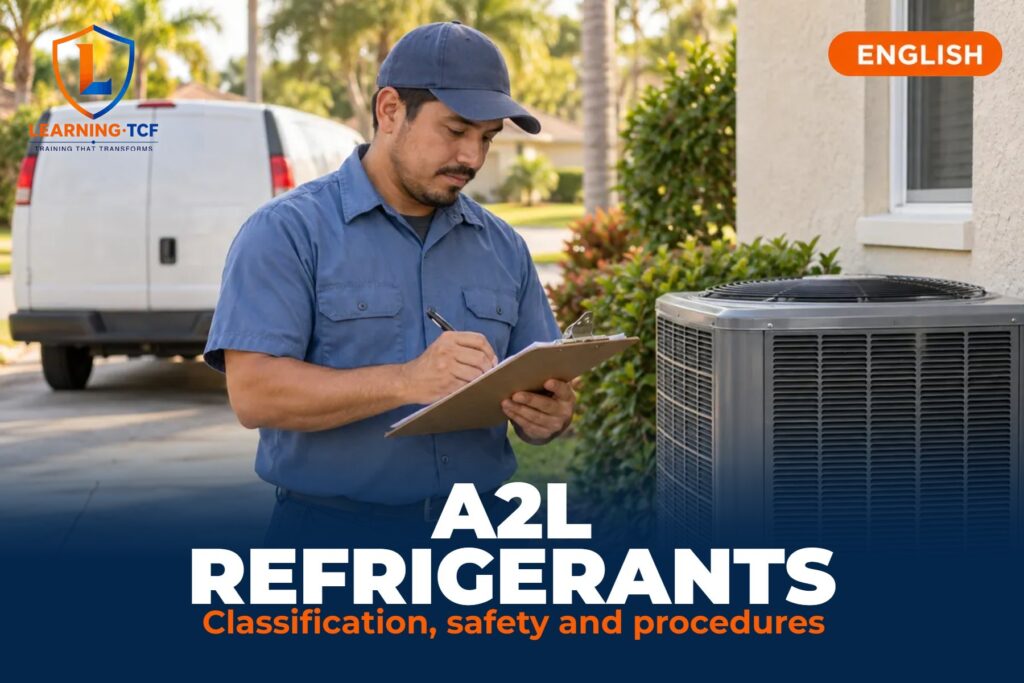 Air conditioning technician writing on a clipboard next to an outdoor condensing unit, cover of the A2L Refrigerants course