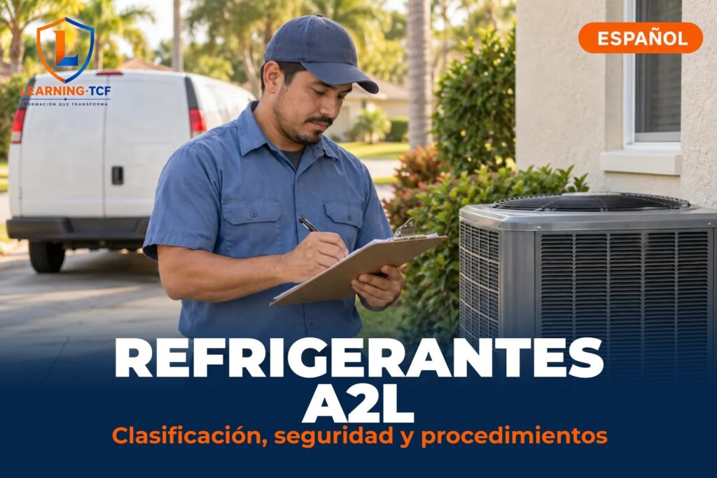 Técnico de aire acondicionado anotando en una tabla junto a una unidad condensadora exterior, portada del curso de Refrigerantes A2L