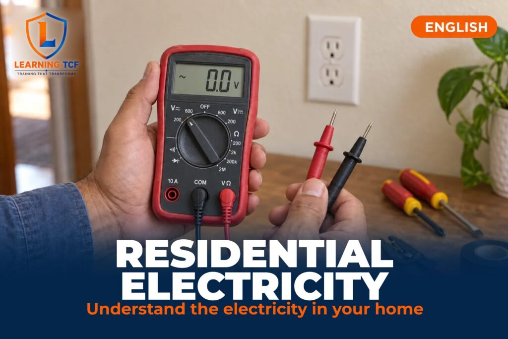 Hands holding a multimeter in front of an outlet, cover of the Residential Electricity course