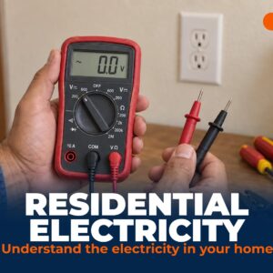 Hands holding a multimeter in front of an outlet, cover of the Residential Electricity course