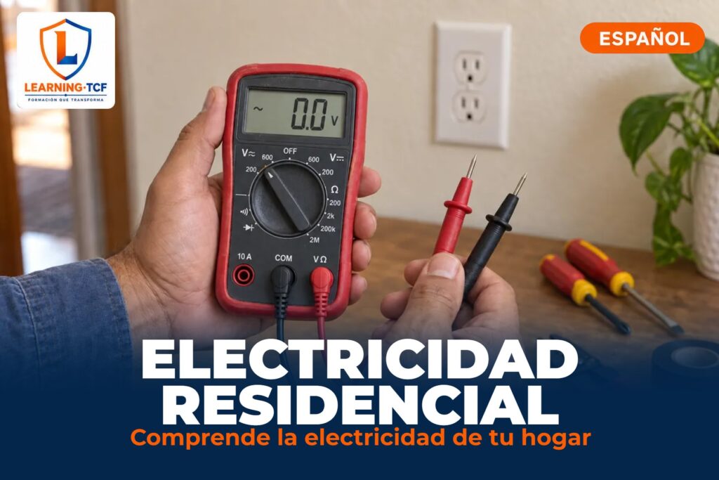 Manos sosteniendo un multímetro frente a un tomacorriente, portada del curso de Electricidad Residencial