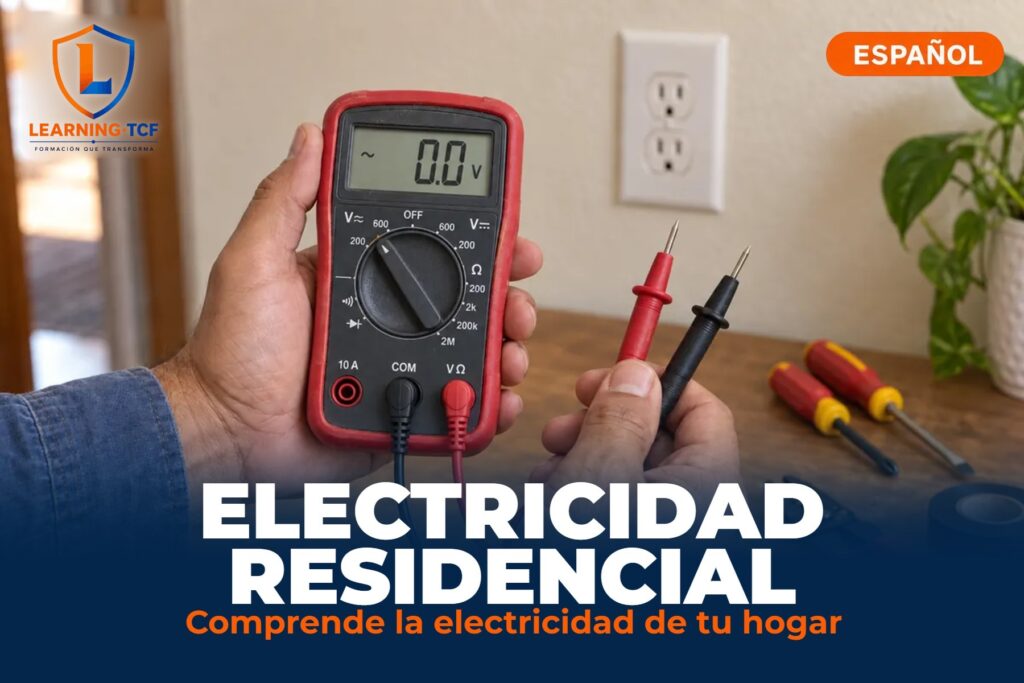 Manos sosteniendo un multímetro frente a un tomacorriente, portada del curso de Electricidad Residencial