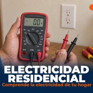 Manos sosteniendo un multímetro frente a un tomacorriente, portada del curso de Electricidad Residencial
