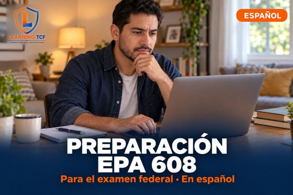 Hombre estudiando en una laptop en la mesa de su casa para el examen federal EPA 608