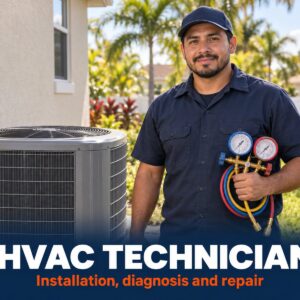 HVAC technician in blue uniform standing beside an outdoor condensing unit, holding refrigeration gauges