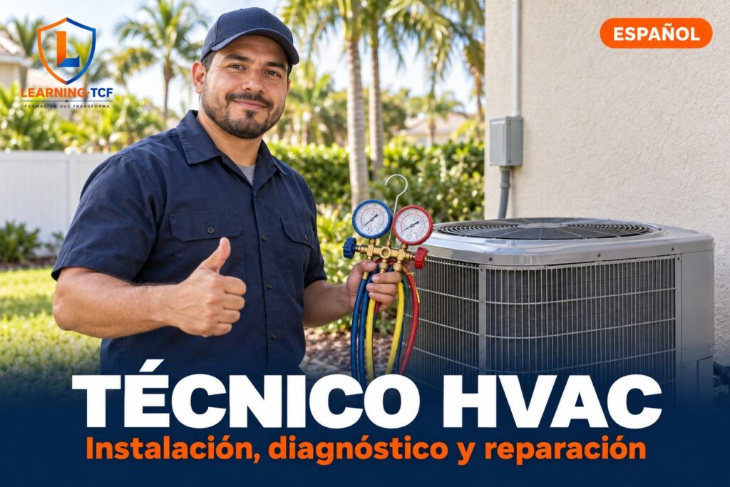 Técnico de HVAC con uniforme azul junto a una unidad condensadora exterior, sosteniendo un juego de manómetros de refrigeración
