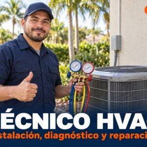 Técnico de HVAC con uniforme azul junto a una unidad condensadora exterior, sosteniendo un juego de manómetros de refrigeración