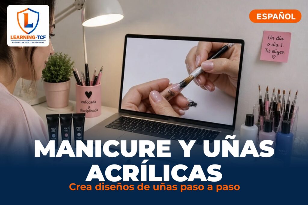 Mujer viendo en su laptop una clase de uñas acrílicas, portada del curso de Manicure y Uñas Acrílicas