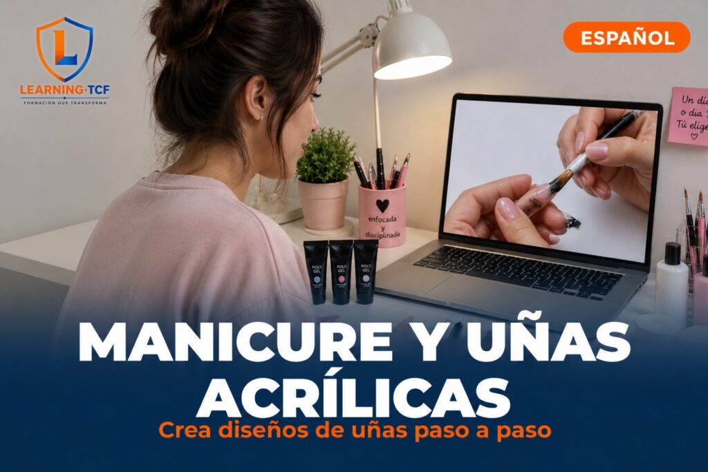 Mujer practicando diseño de uñas frente a una laptop en su escritorio, portada del curso de Manicure y uñas acrílicas