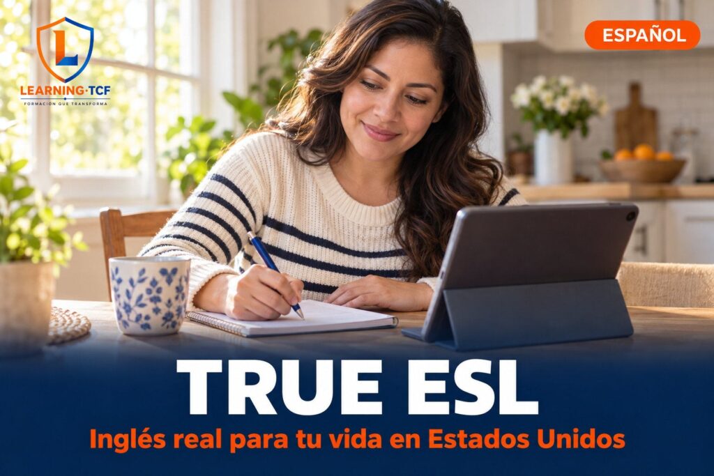 Mujer escribiendo en un cuaderno frente a una tablet mientras estudia inglés en su cocina