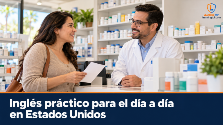 Mujer conversa con un farmacéutico en una farmacia; abajo, el texto «Inglés práctico para el día a día en Estados Unidos»