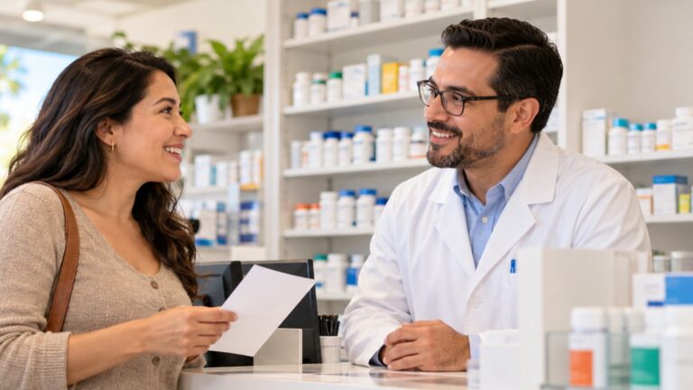Mujer conversa con un farmacéutico en el mostrador de una farmacia