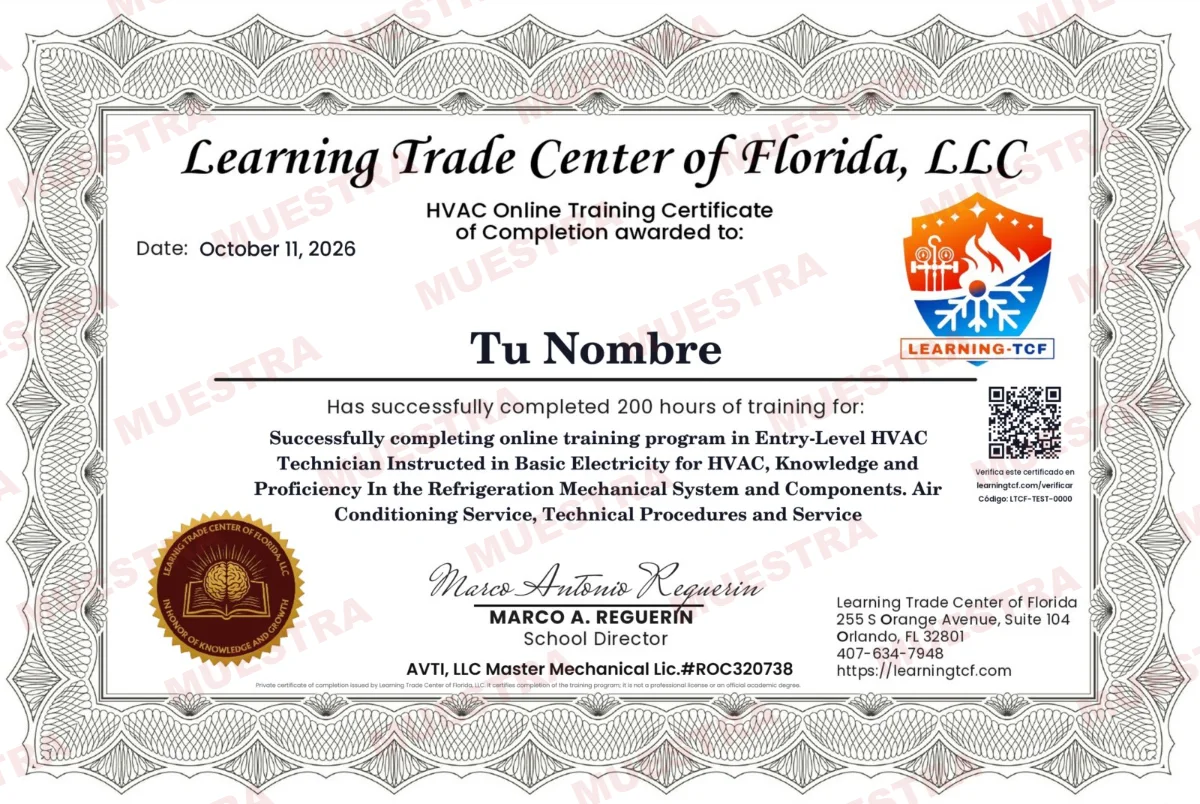 Certificado de finalización del curso Técnico HVAC de Learning Trade Center of Florida