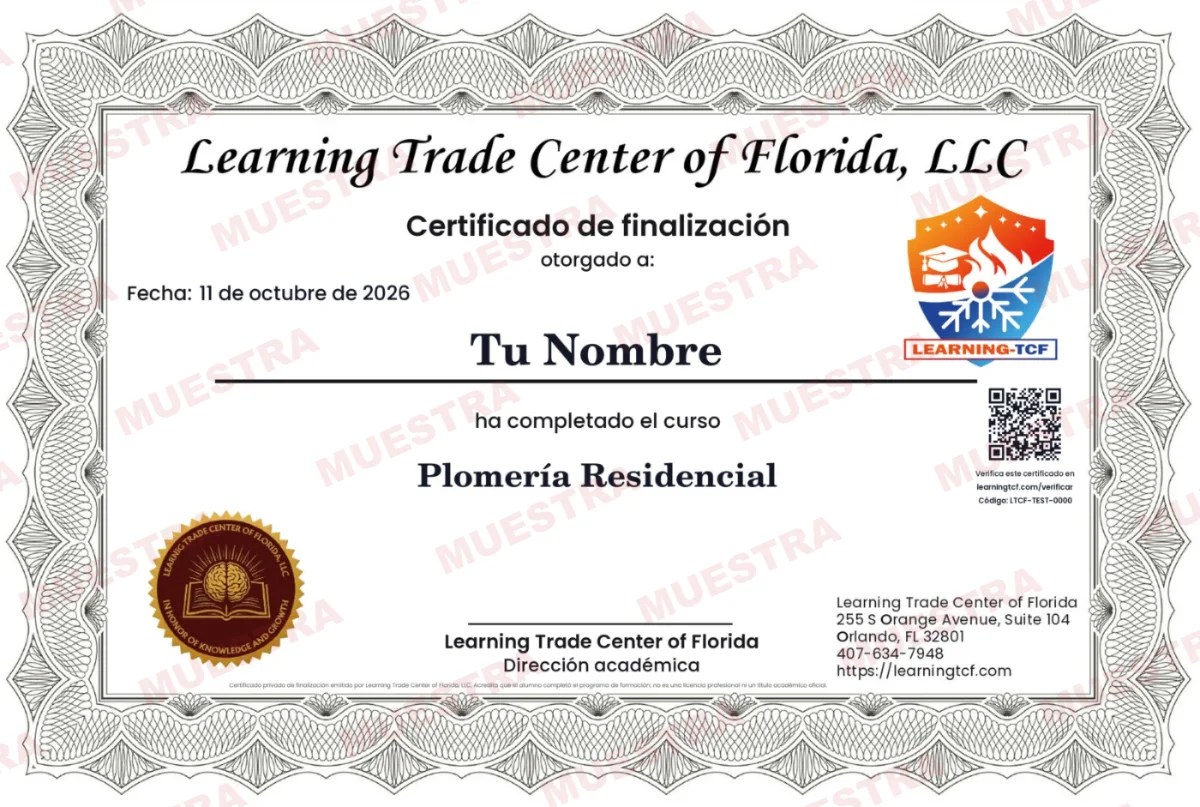 Muestra del certificado de finalización del Curso de Plomería Residencial de Learning Trade Center of Florida