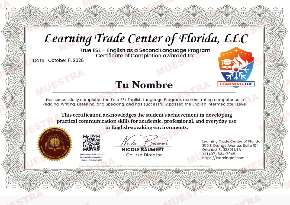 Certificado de finalización del programa True ESL de Learning Trade Center of Florida
