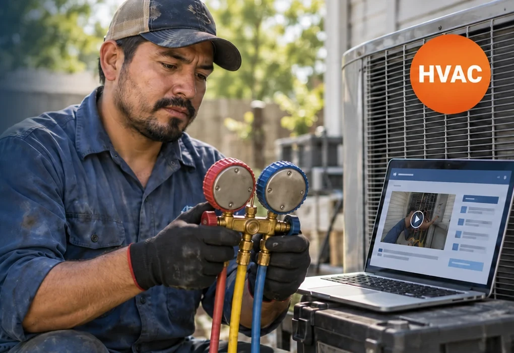 HVAC technician reading manifold gauges next to a condenser, with the course open on a laptop