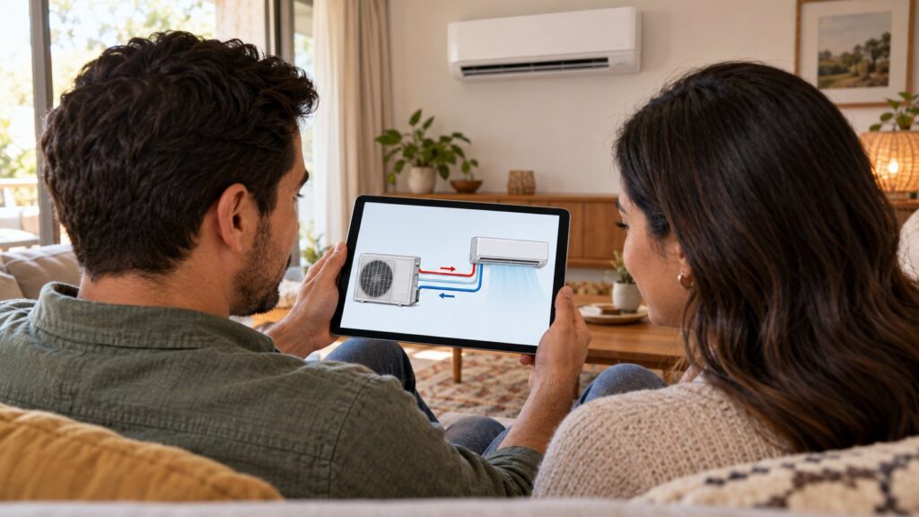 Pareja vista por encima del hombro mirando en una tablet un diagrama de aire acondicionado, con un mini-split en la pared de su sala
