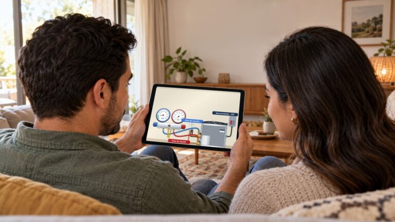 Pareja vista por encima del hombro mirando en una tablet una práctica interactiva de Técnico HVAC: juego de manómetros conectado a una unidad condensadora