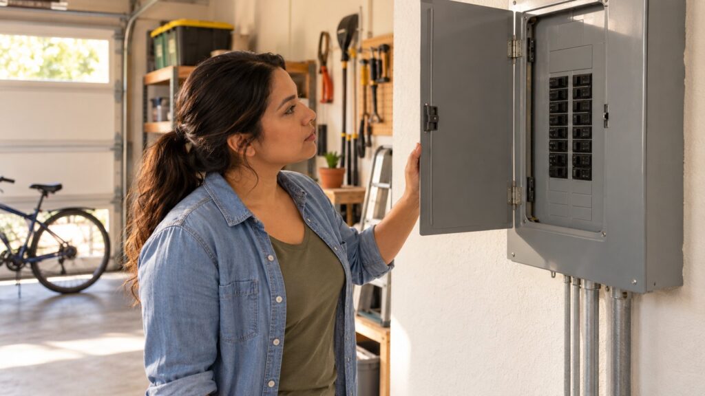 Mujer abriendo con curiosidad el panel eléctrico de su casa en el garaje, sin tocar los cables